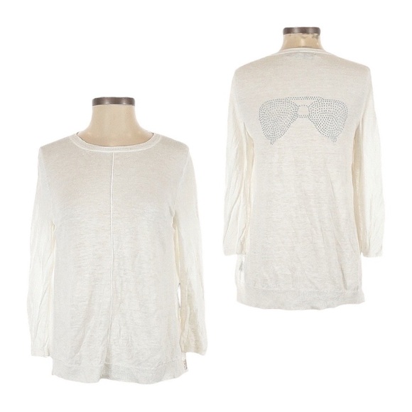 360 Sweater Revolve Ivory 100% Linen Sunglasses Studded Pullover Size S - Picture 1 of 10